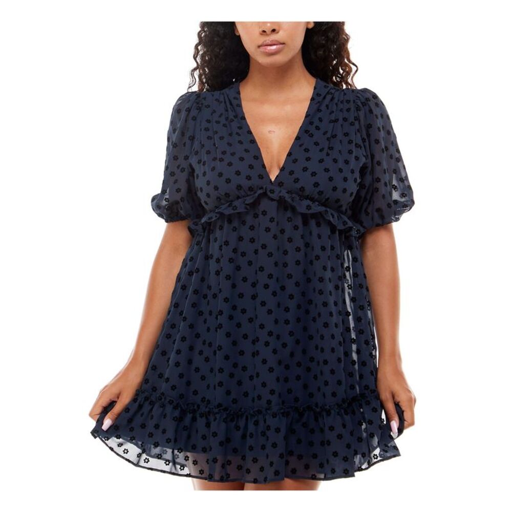 B DARLIN Womens Baby Doll Mini Dress Navy Pouf Sleeve Party Lined Juniors 0
